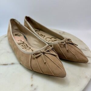 Sam Edelman Suede Ballet Flats 8.5 Tan Camel Pointed Toe Bow Pleated Shoes Pics!